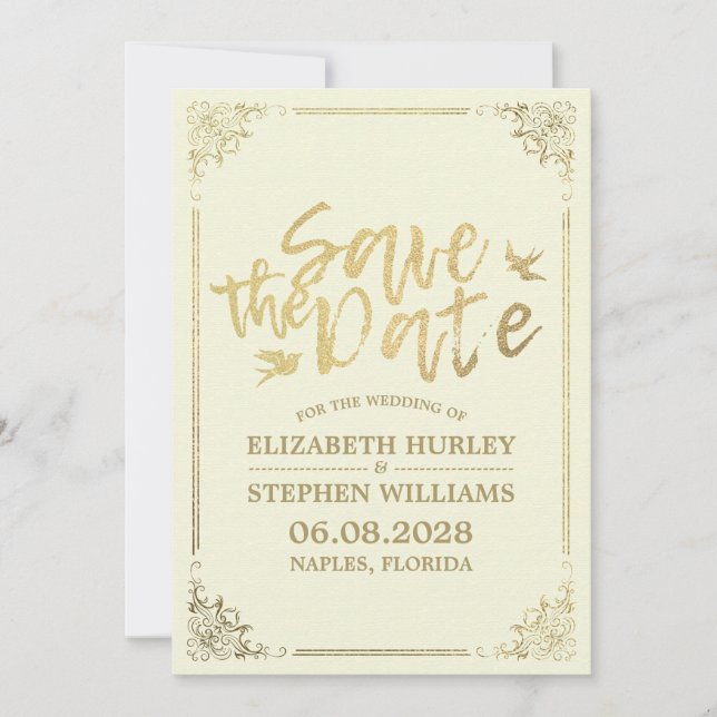 Gold Script Blumenrahmen Save the Date Hochzeit (Vorderseite)