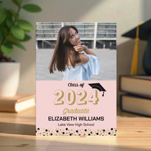 Gold Script Confetti Foto Pink Grad Ankündigung (Von Creator hochgeladen)