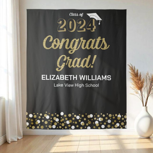 Gold Script Confetti Glückwunschs Grad Schwarzer H Wandteppich (Von Creator hochgeladen)