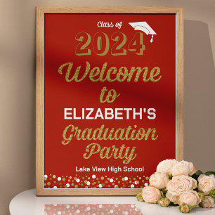 Gold Script Confetti Grad Party Red Begrüßungszeic Poster
