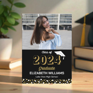 Gold Script Confetti Photo Black Grad Faire-part