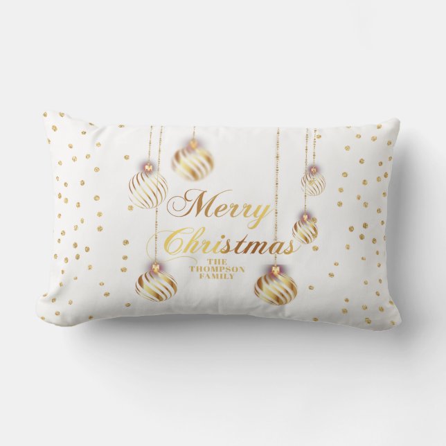 Gold Script Confetti White Family Weihnachtsballs Lendenkissen (Vorderseite)