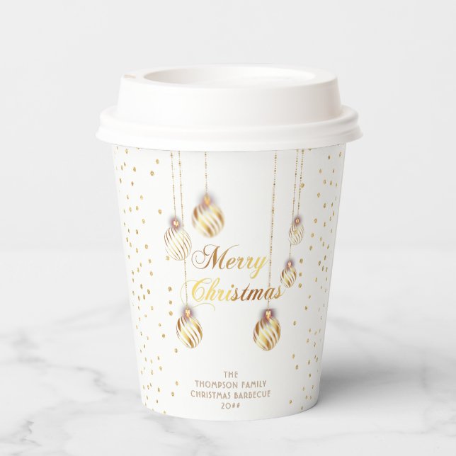Gold Script Confetti White Family Weihnachtsballs Pappbecher (Rückseite)