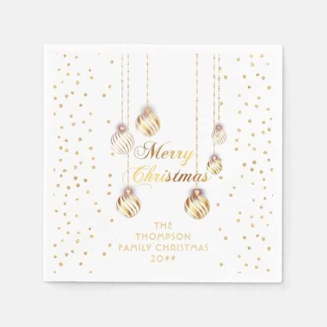 Gold Script Confetti White Family Weihnachtsballs Serviette (Vorderseite)