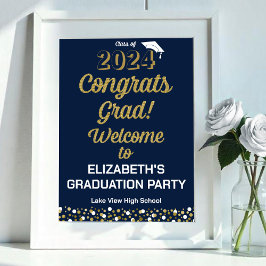 Gold Script Congrats Grad Blue Affiche de bienvenu