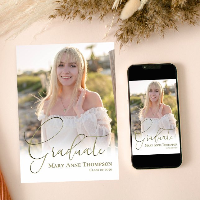 Gold Script Foto Graduation Party Einladung (Graduate gold script photo graduation photo template)