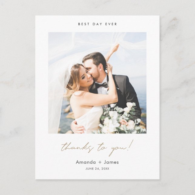 Gold Script Foto Vielen Dank für Ihre Hochzeit Postkarte (Vorderseite)
