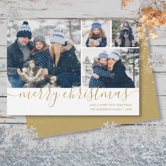 Gold Script Frohe Weihnachten 4 Foto Weihnachtskar (Gold Script Merry Christmas 4 Photo Holiday Card)