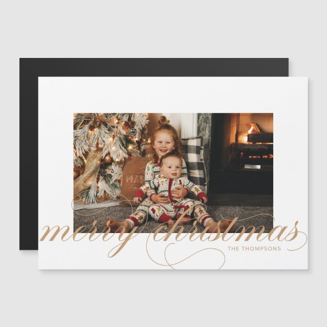 Gold Script Frohe Weihnachten Elegantes Foto Postk Magneteinladung (Vorne/Hinten)