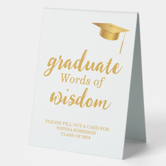 Gold Script Graduation Party Worte der Weisheit Tischaufsteller (Vorderseite)