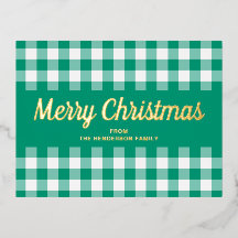 Gold Script Green Gingham Frohe Weihnachten