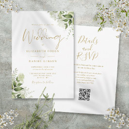 Gold Script Greenery QR Code Wedding Einladung