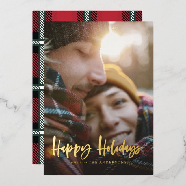 Gold script heureux vacances rouge tartan photo (Recto/Verso)