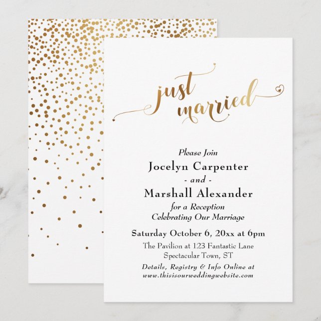 Gold Script just Married Confetti Back Einladung (Vorne/Hinten)