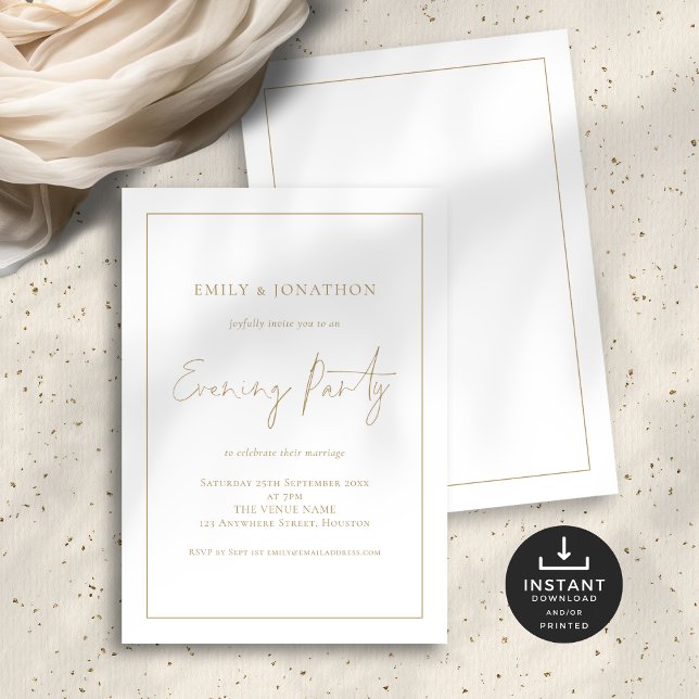 Gold Script Line Border Hochzeit Abend Party Einladung (Front and back view)