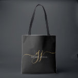 Gold Script Monogram Black Tasche<br><div class="desc">Eine schicke,  moderne,  goldfarbene Monogramm auf schwarzem Totbeutel,  mit einem dramatischen Skript,  das mit Swashes beginnt und in einem modernen Serifentyp Ihren vollen Namen trägt.</div>
