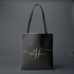 Gold Script Monogram Black Tasche<br><div class="desc">Eine schicke,  moderne,  goldfarbene Monogramm auf schwarzem Totbeutel,  mit einem dramatischen Skript,  das mit Swashes beginnt und in einem modernen Serifentyp Ihren vollen Namen trägt.</div>