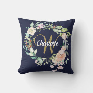 Gold Script Monogram Rose Floral Navy Blue Kissen