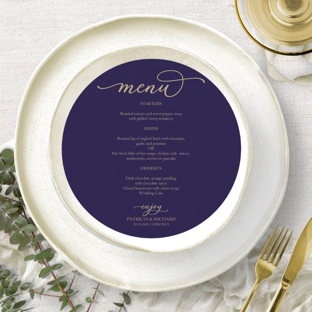 Gold Script Navy Blue Circle Menu Card für Plättch Menükarte (Von Creator hochgeladen)