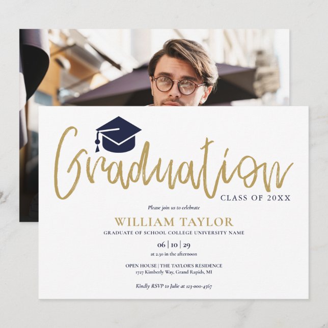 Gold Script Navy Blue Foto Graduation Party Einladung (Vorne/Hinten)