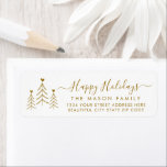 Gold Script Pine Christmas Return Address Label<br><div class="desc">Elegante,  moderne Weihnachtsfamilien in Gold und Weiß-Hand-Rücksendeadressen-Aufkleber. Mit einem hübschen handgeschriebenen Drehbuch mit dem Sprichwort "fröhliche Weihnachten" im Swash-Schwanz-Schriftart,  kiefern Bäume mit kleinen Herzen. Ideal für die Weihnachtszeit,  einfach zu personalisieren mit Ihren Namen und Rücksendeadresse-Infos.</div>