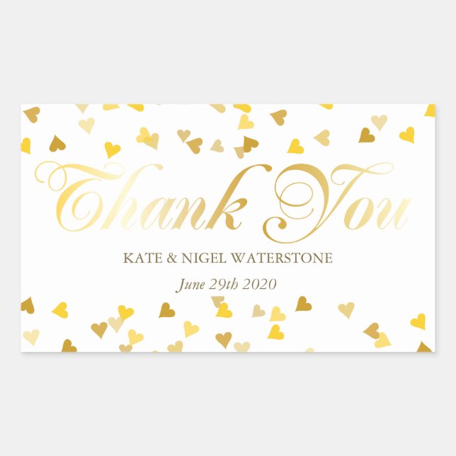Gold Script Vielen Dank und Golden Hearts Confetti Rechteckiger Aufkleber (Vorderseite)