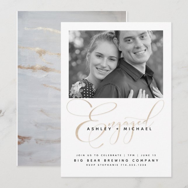 Gold Script Watercolor Foto Engagement Party Einladung (Vorne/Hinten)