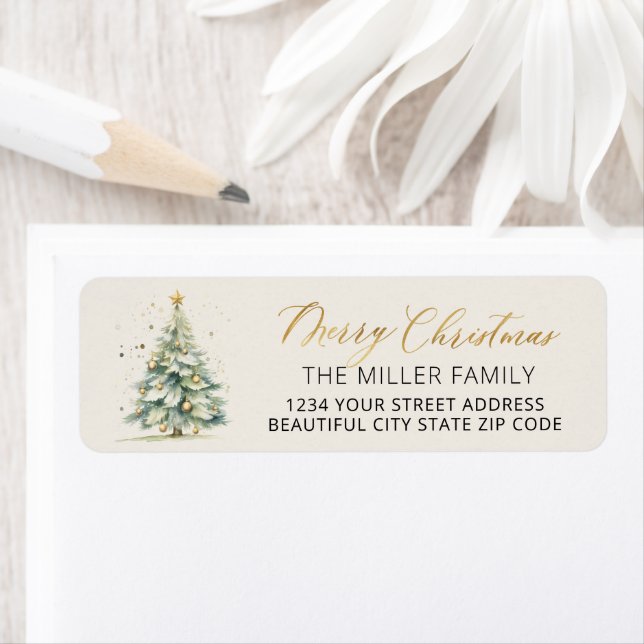 Gold Script Weihnachtsbaum Rücksendeadresse Label (Insitu)