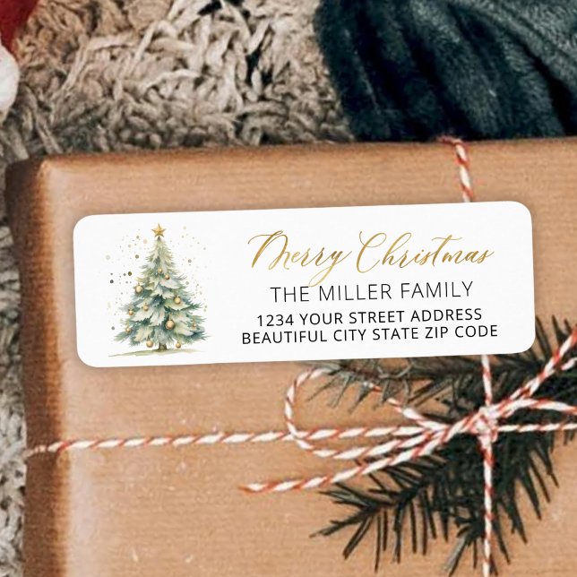 Gold Script Weihnachtsbaum Rücksendeadresse Label (Von Creator hochgeladen)