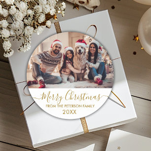 Gold Script White Family Foto Frohe Weihnachten Runder Aufkleber