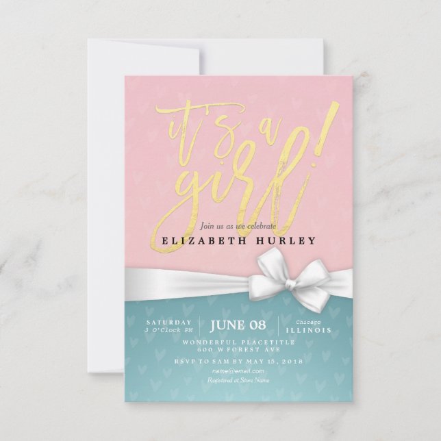 Gold Script White Ribbon Blue Pink Baby Dusche Einladung (Vorderseite)