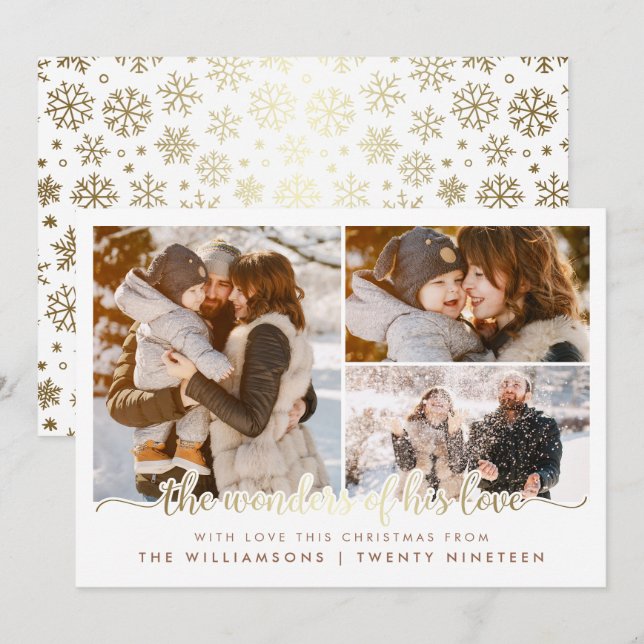Gold Script Wunder seiner Liebe Weihnachten 3 Foto Einladung (Vorne/Hinten)