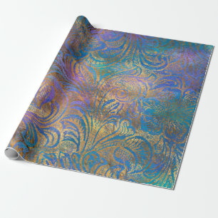 Gold Scroll Arbeiten an Lila, rosa, blauen Geschenkpapier