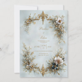 Gold Scroll Frame White Floral Dusty Blue Wedding Einladung