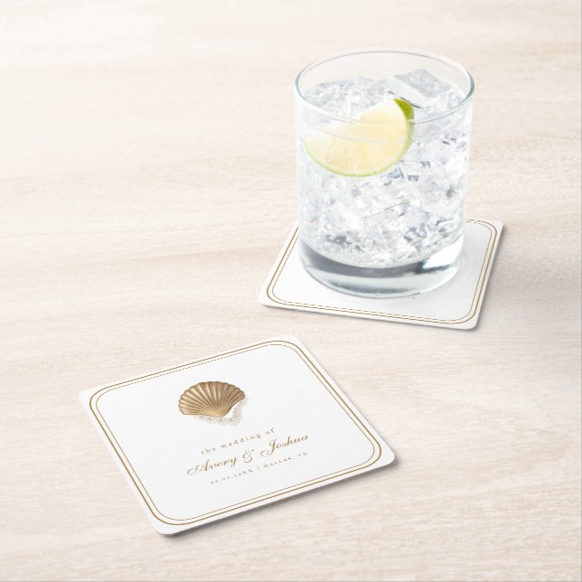 Gold Seashell Coastal Wedding Drink Rechteckiger Pappuntersetzer (Vor Ort)