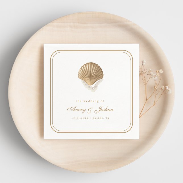Gold Seashell Coastal Wedding Drink Serviette (Von Creator hochgeladen)