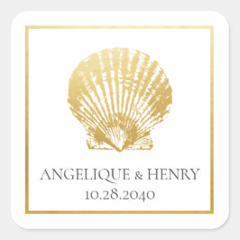 Gold Seashell Eleganter Küstenstrand Quadratischer Aufkleber