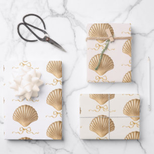 Gold Seashell mit Coquette Bow Weihnachtsgeschenk Geschenkpapier Set