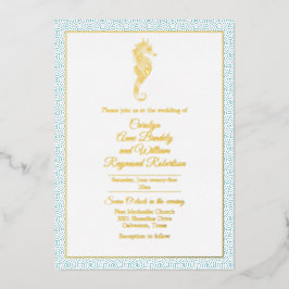 Gold Seepferd mit Aqua Frame Wedding Folieneinladung