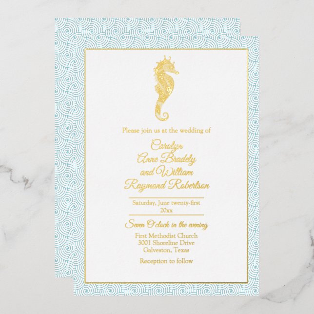 Gold Seepferd mit Aqua Frame Wedding Folieneinladung (Vorderseite/Rückseite)
