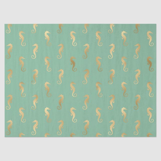 Gold-Seepferde auf Türkis/Aquamarine-Dekoute Seidenpapier (Vorderseite)