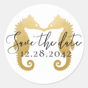 Gold Seepferde Kissing Beach Hochzeit Save the Dat Runder Aufkleber