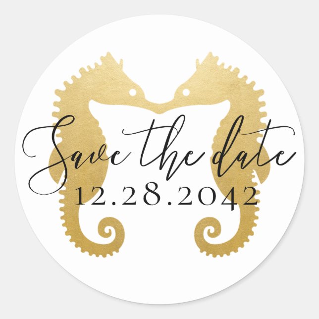 Gold Seepferde Kissing Beach Hochzeit Save the Dat Runder Aufkleber (Vorderseite)