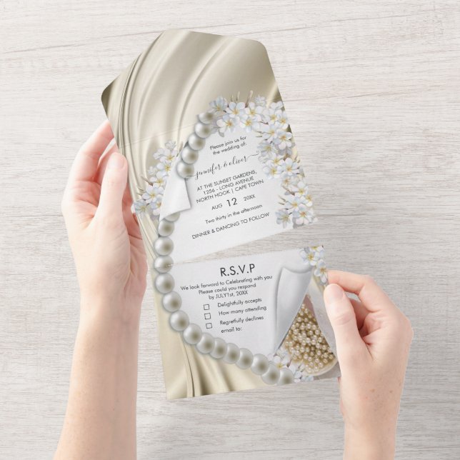 Gold Seide und Perlen - Einladung zur Hochzeit (Abreißen)