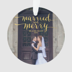 GOLD SELIG UND VERHEIRATET   WEIHNACHTS-FOTO-SCHMU ORNAMENT