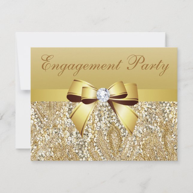 Gold Sequenzen, Bow & Diamond Engagement Party Einladung (Vorderseite)