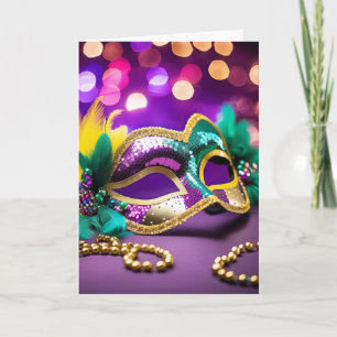 Gold Sequin Mardi Gras Mask Birthday Karte
