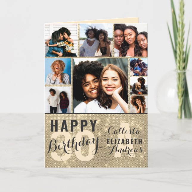 Gold Sequin Photo Collage Bonne carte d'anniversai (Devant)