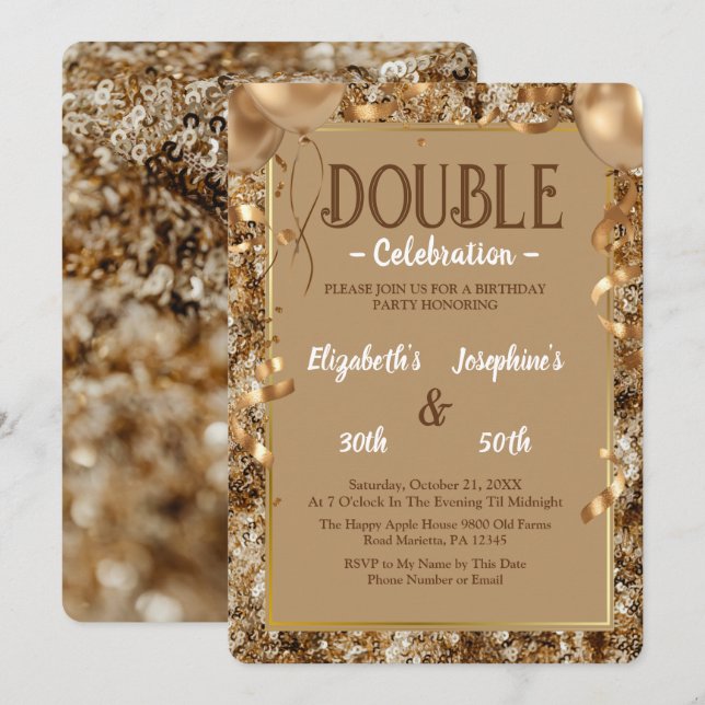 Gold Sequins Adult double Joint Birthday Party Einladung (Vorne/Hinten)