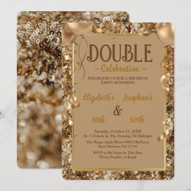 Gold Sequins Adult Double Joint Birthday Party Einladung (Vorne/Hinten)